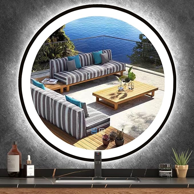 24 Inch Black Frame Round Lighted Mirror for Bathroom Salon Wall Black Round LED Vanity Mirror with Lights 3 Color Adjustable Brightness AntiFog 24" BlackFramed Circle Smart Light up Mirrors