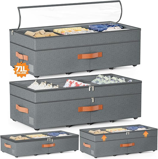 Under Bed Storage with Wheels, 2Pack 71L Under the Bed Storage Containers, Adjustable Underbed Drawer with Lids, Underbed storage Rolling Bin for Shoes, Clothes, Blankets, Grey