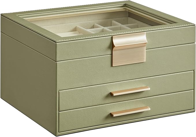 SONGMICS Jewelry Box Organizer with Glass Lid, 3-Layer Jewelry Storage, with 2 Drawers, Modern Style, 8 x 9.1 x 5.3 Inches, Laurel Green and Gold Color UJBC239C02