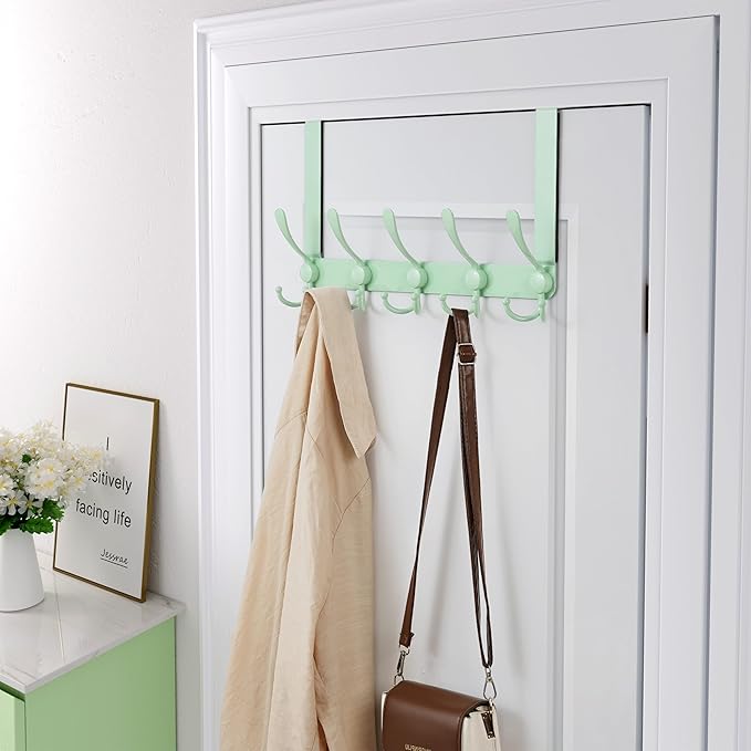 Dseap Over The Door Hook Hanger - Fits 1 3/8" to 1 3/4" Standard Doors | 5 Tri Hooks Heavy Duty Towel/Coat Rack | Door Organizer for Clothes, Jackets, Hats, Towels, Green