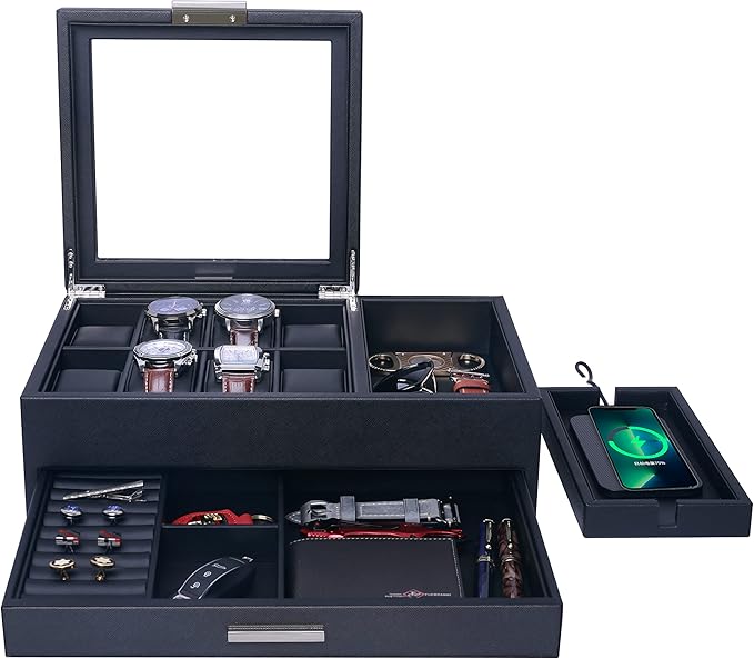 Mens Jewelry Box Valet Tray with Drawer and Charging Station Organizer,Nightstand Organizer for Men Jewelry Tray,Catchall Tray for Men Accessories