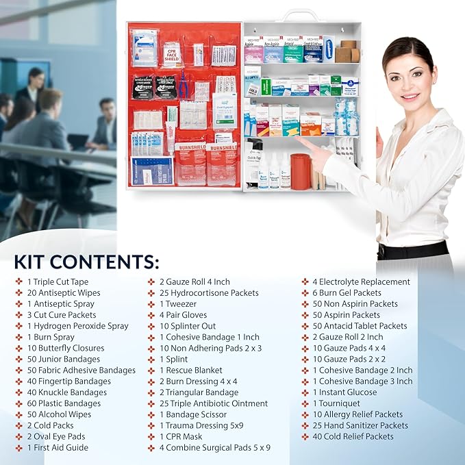 MFASCO Workplace Metal First Aid Kit - 4 Shelf Wall Mount Cabinet with Medications - Large Metal First Aid Box for Office with Supplies - Commercial Grade for Businesses - Emergency Preparedness