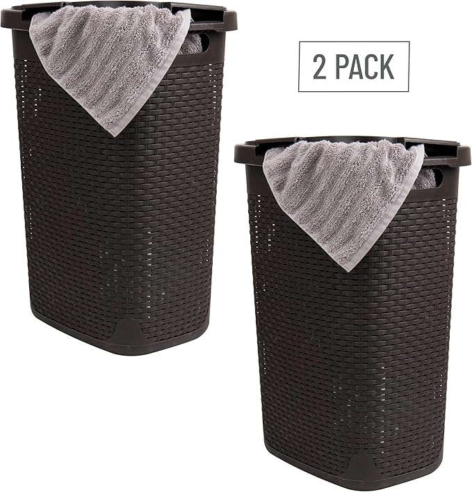Mind Reader Slim Laundry Hamper with Lid, 60L Clothes Baskets, Premium Wicker Design, Plastic, 2-Pack, Brown