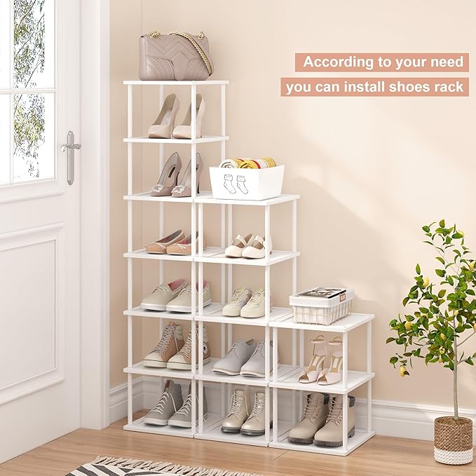 Vertical Tall Shoe Rack Organizer for Entryway -12 Tier Free Standing Slim Narrow Bamboo Wood Corner Stackable Shoe Boots Storage Stand Small Spaces for Closet Garage Cloakroom Living Room (White)