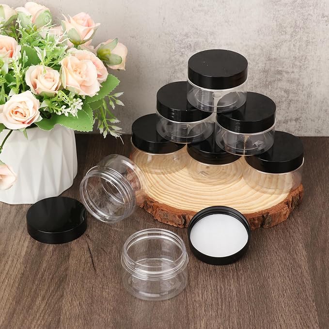 110 Packs 2 OZ Transparent Plastic Jars with black Lids, Body Butter Containers, Cosmetic Containers jars for Kitchen Ingredients, beads, sequins, Lotion, Cream, DIY Crafts and More by KUKLIPJIM.