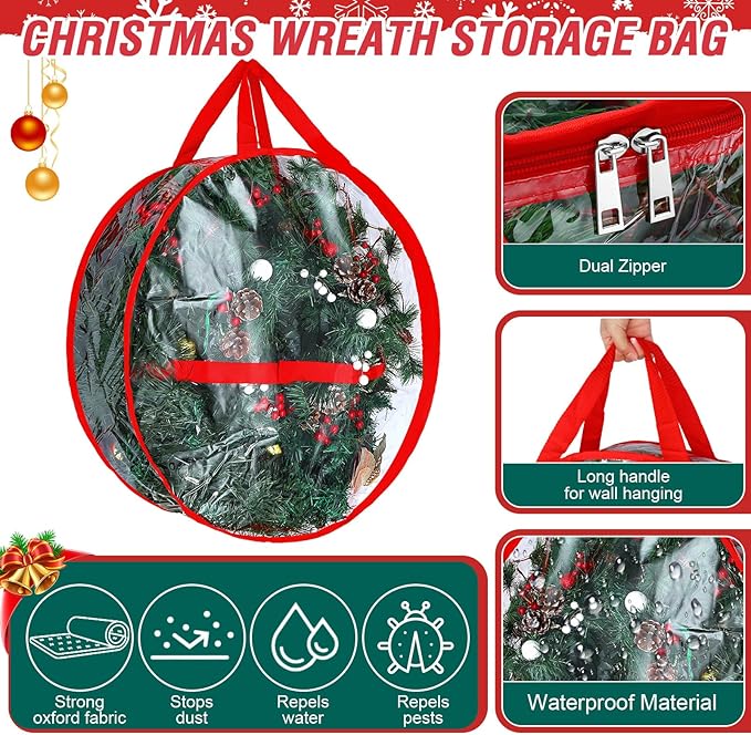 Zhengmy 6 Pcs Clear Christmas Wreath Storage Bag Wreath Storage Container With fixing strap Wreath Storage Box with Handles for Storing Garland Holiday Wreath Wrapping(30 Inches)