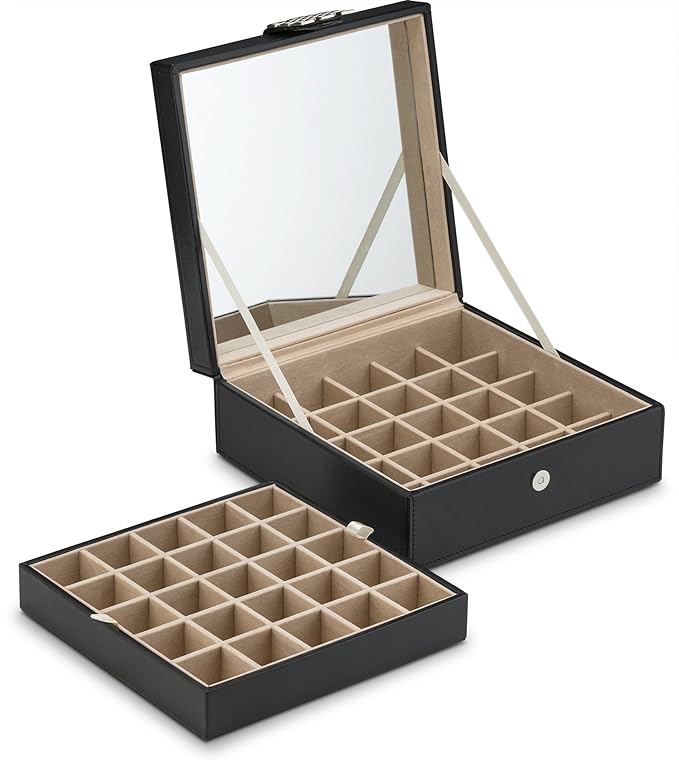 Glenor Co Earring Organizer - Classic 50 Section Jewelry Box/Case/Holder for Earrings, Rings, Necklaces, Jewelry, Cufflinks or Collections -2 Layer Small Compartments with Large Mirror - Black