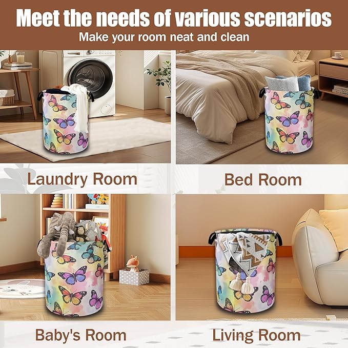Colorful Tropical Butterflies Laundry Hamper,Watercolor Laundry Baskets,Waterproof Oxford Cloth Toy Storage for Bedroom,Bathroom,Nursery,16x20.8 Inch