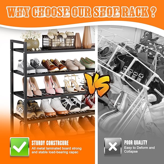 4-Tier Heavy Duty Metal Shoe Rack, 200 lbs Load Capacity Shoe Organizer with Reinforced Steel Tubes, No-Wobble Free Standing Shoe Shelf for Entryway, Closet, Bedroom, Dorm – Easy Assembly, Black