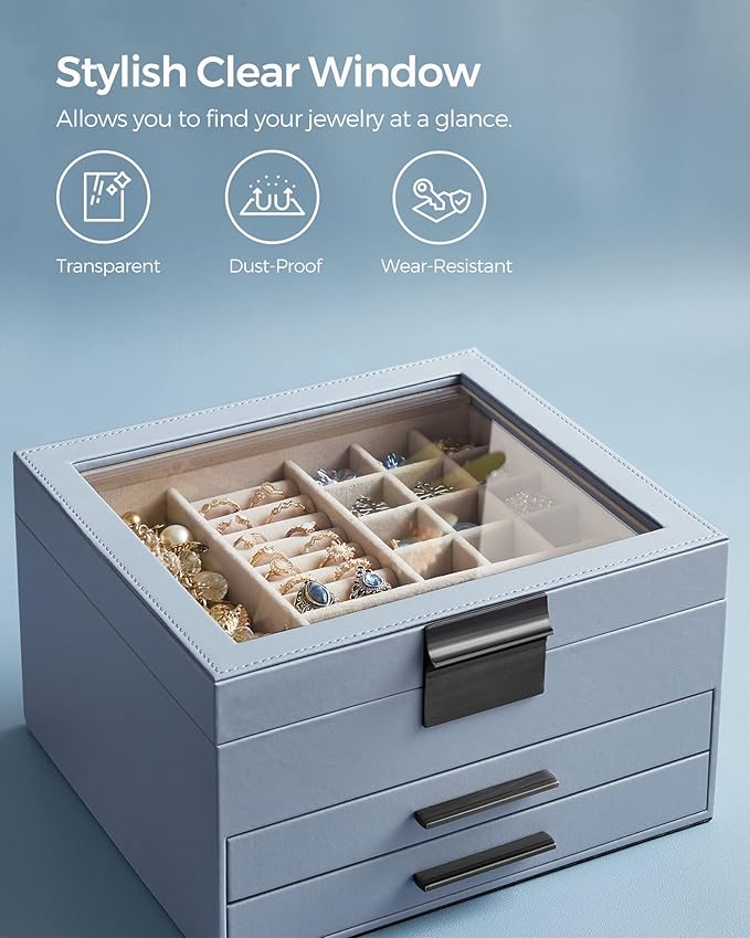 SONGMICS Jewelry Box Organizer with Glass Lid, 3-Layer Jewelry Storage, with 2 Drawers, Modern Style, 8 x 9.1 x 5.3 Inches, Smoky Blue and Silver UJBC239BU