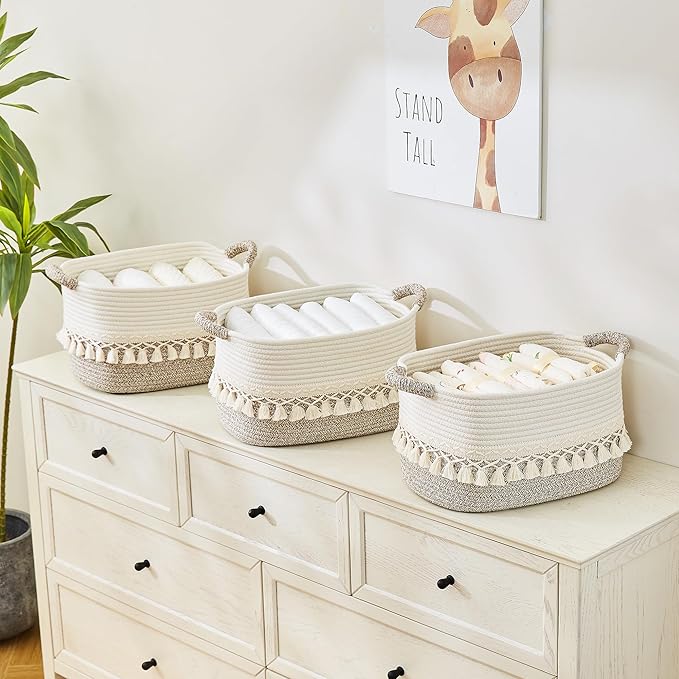 Storage Bins Woven Baskets for Storage Set of 3, Cotton Rope Basket with Handles for Toys/Shelves/Laundry, Rectangle Multi-Purpose Organizer for Living Room, Bedroom, Nursery (White/Beige)