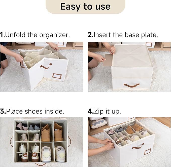 StorageWorks Shoe Oragnizer for Closet, 2 Pack Shoe Storage Cubes Holds Up to 16 Pairs, Space Saving Storage Boxes with Lid and Hanldes, Beige