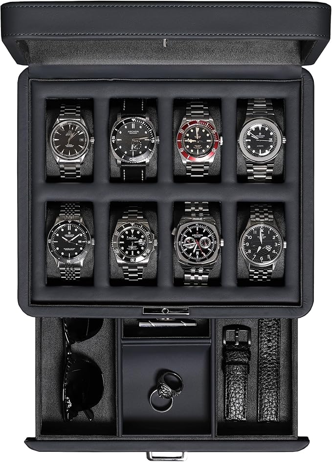 ROTHWELL 8 Slot Leather Watch Box with Valet Drawer - Luxury Case Display Jewelry Organizer, Locking Display Case Holder with Real Glass Top - Watch Box Organizer for Men & Women (Carbon)