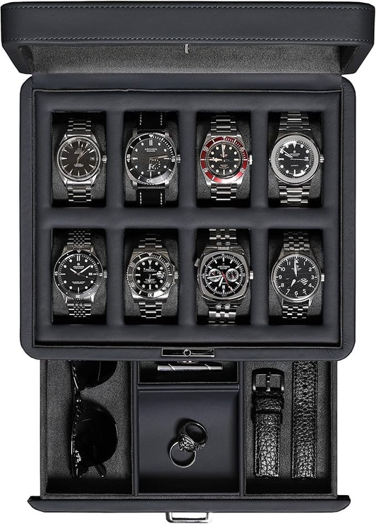 ROTHWELL 8 Slot Leather Watch Box with Valet Drawer - Luxury Case Display Jewelry Organizer, Locking Display Case Holder with Real Glass Top - Watch Box Organizer for Men & Women (Carbon)