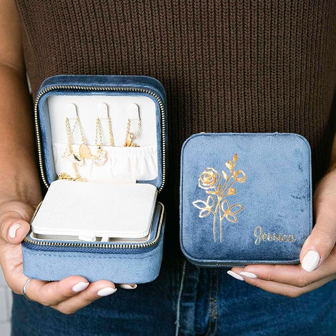 Customizable Compact Velvet Jewelry Box with Mirror, Travel Jewelry Case, Travel Jewelry Organizer, Jewelry Box for Women and Girls, Small Jewelry Organizer (Floral Design, Coral Blue)