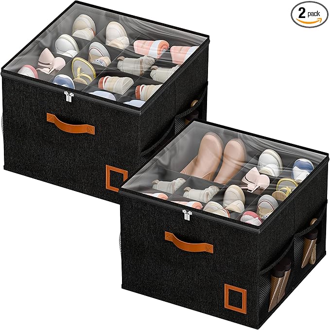 Shoe Organizer for Closet, 2 Pack Foldable Shoe Storage Organizer Box with Adjustable Dividers and Clear Cover, Space Saving Shoe Box with Reinforced Handles, Fits 16-32 Pairs, Black