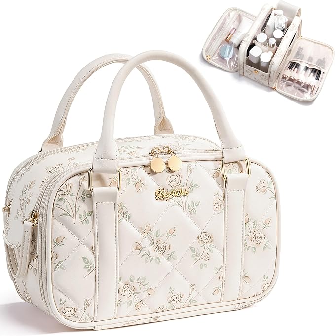 Travel Makeup Bag, Large Capacity Quilted Toiletry Bag for Women Stand-up Cosmetic Bag Open Flat Make Up Case Organizer Portable Pouch Purse w/Handle for Traveling Accessories Beige Floral
