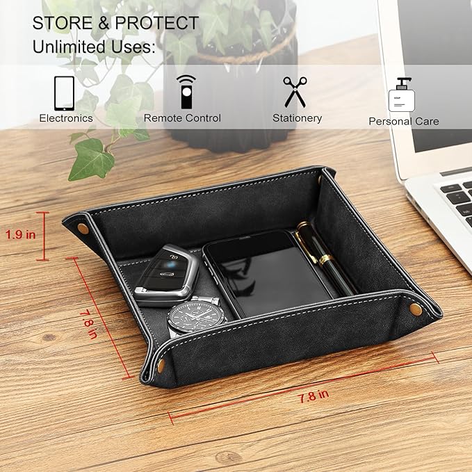 SITHON Valet Tray Desktop Storage Organizer – Premium PU Leather Catchall Bedside Vanity Tray Nightstand Caddy Holder for Remote Controller, Keys, Phone, Wallet, Coin, Jewelry, Black