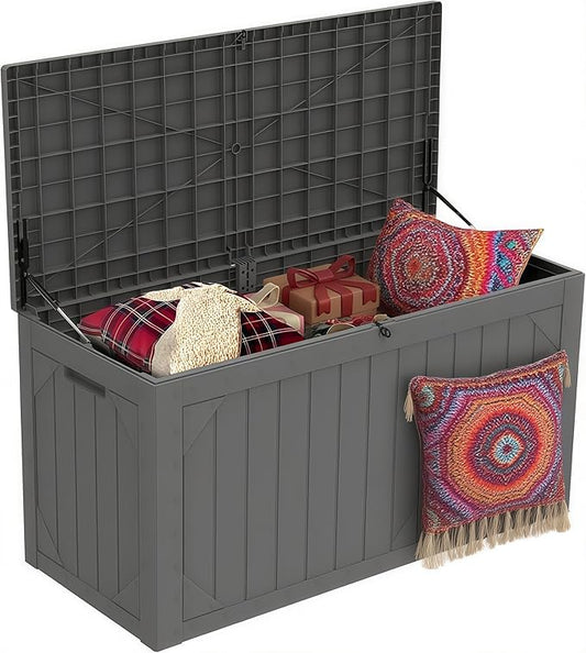 110 Gallon Resin Deck Box Waterproof Outdoor Storage Box for Patio Furniture Pool Accessories Indoor Storage for Cushion Garden Tools, Gray
