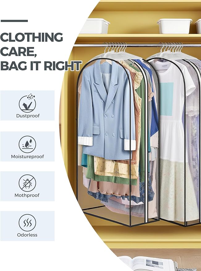 4 pcs 60" Garment Bags for Hanging Clothes, Clear Suit Bags for Closet Storage Clothing Storage, Garment Bags for Travel Covers with 10" Gussets for Coats, Jackets, Shirts and Sweater