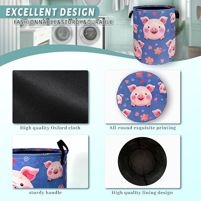 Cute Pig Laundry Hamper Foldable With Handles Colorful Animal Tote Bag Universal Oxford Cloth Funny Laundry Basket Clothes Toy Storage Bucket 18.9" x 16.5 "For Bathroom/Laundry/Bedroom