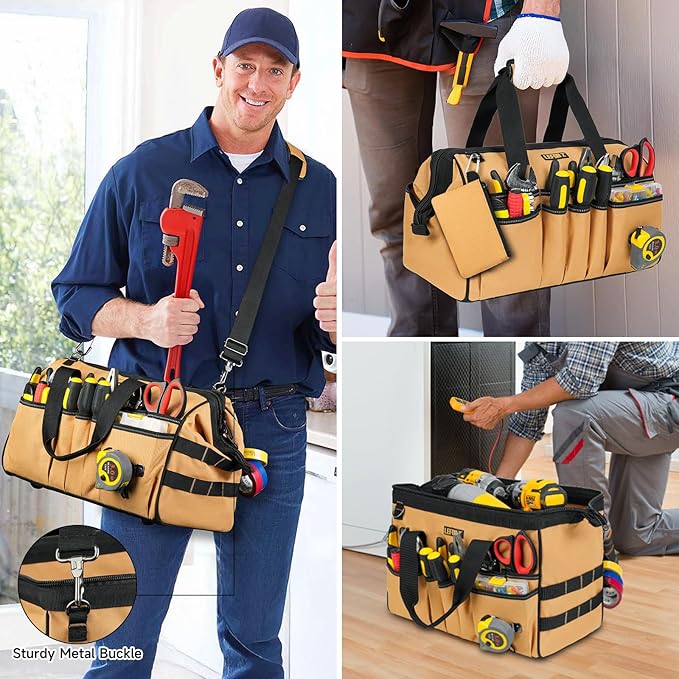 15-Inch Tool Bag,38 Pockets Tool Bags for Men,Heavy Duty Tool Box Organizer Storage,Wide Mouth Toolbag Tools Tote Carrying Case for Dad,Mechanic,Electrician,Brown,Bag Only