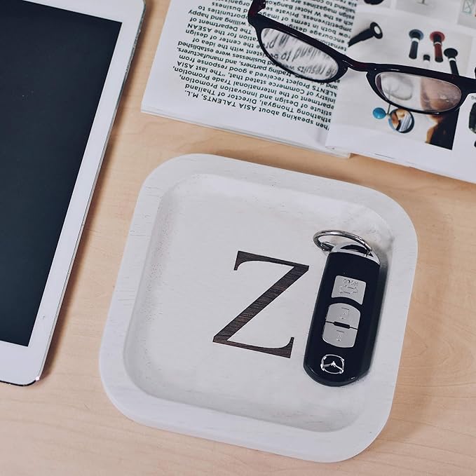 I'm Wooden Personalized Letter Catchall Valet Tray Trinket Dish Jewelry Tray Key Bowl Decorative Plate Organizing Ring Earrings Necklaces Bracelet Watch Coins Wallet Holder (6"x6" Sq White Z)