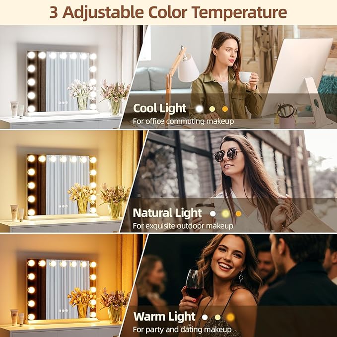 Vanity Mirror with Lights, Makeup Mirror with USB/Type-C Charging, Large Hollywood Mirrors w/ 15 LED Bulbs & 5X Magnifier, LED Mirrors for Bedroom Tabletop & Wall Mounted