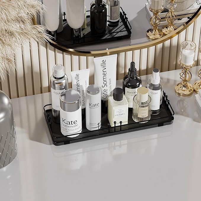 Bathroom Vanity Tray for Countertop Toiletries Perfume Makeup Soap Dispenser Toilet Tank, Kitchen Tray for Salt Spice, Black Decor Tray for Candle Nightstand Coffee 11.3”x 4.4”