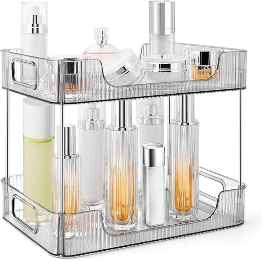 2-Tier Bathroom Counter Organizer Countertop Storage, Dresser Organizer Vanity Tray for Makeup, Perfume Organizer Cosmetics Skincare Shelf- Grey