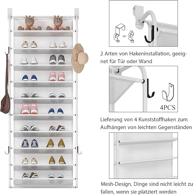 10 Tier Shoe rack Hanging Shoe Storage the door shoe rack for Closet Pantry Over The Door Shoe Organizer Wall Floating Shelves (White, 10 Tier)