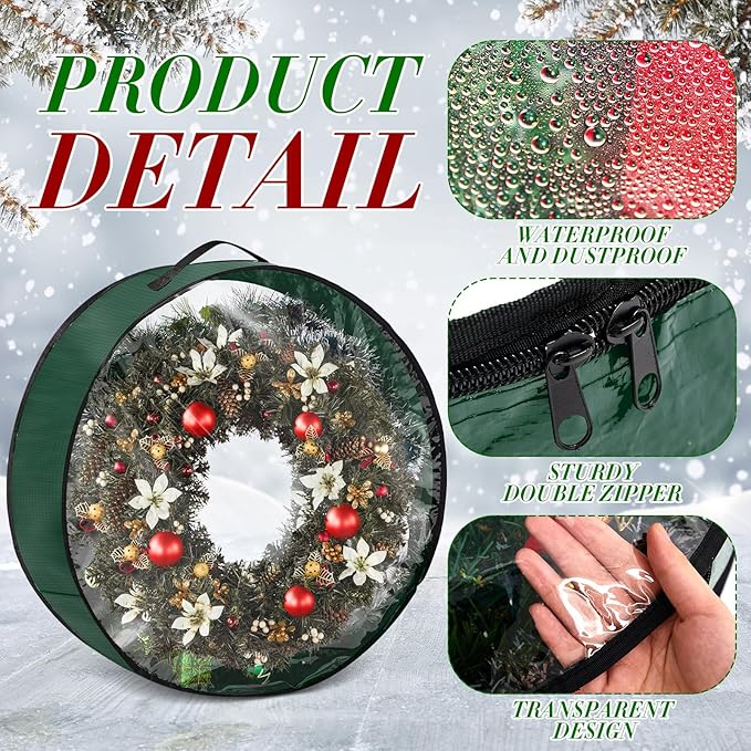 4 Pcs Christmas Wreath Storage Bag, Christmas Garland Storage Container with Clear Window, Zipper & Handle for Xmas Holiday Seasonal Wreath Garland Box(Green,30")