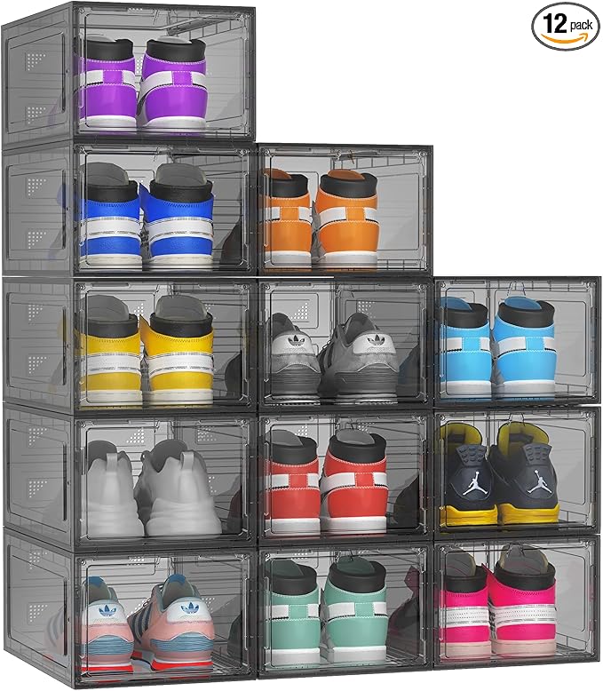 12 Pack Hard Sturdy Thickened Rigid XX Large Shoe Storage Organizer for Closet, Clear Stackable Sneaker Shoe Boxes Rack Containers Display Case Bins with Lids, Grey02