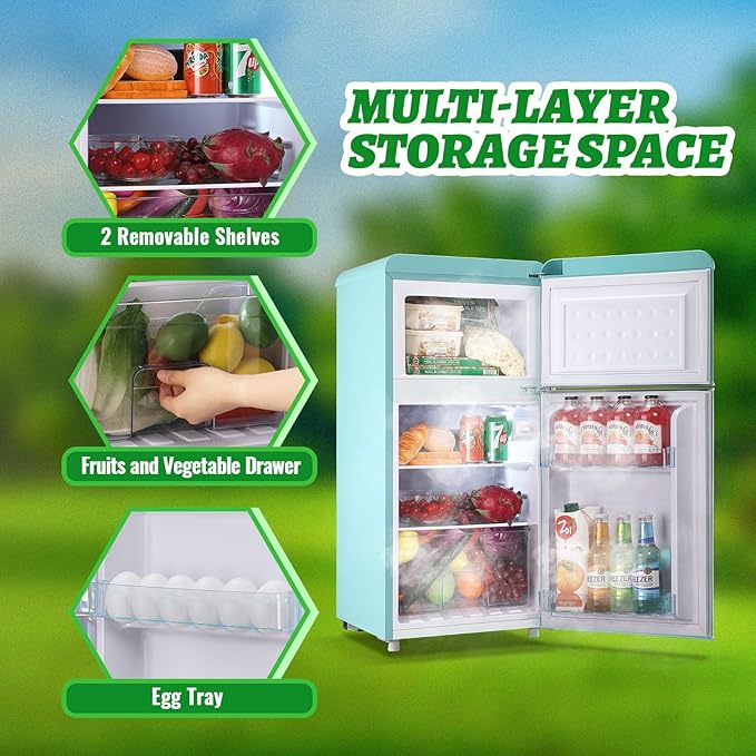 Small Refrigerator with Top Freezer 100Liter Retro Mini Fridge with Adjustable Glass Shelving, 7 Temperature Control and LED Lighting, Retro Mint Blue
