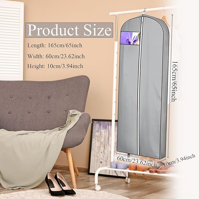Dress Bags for Gowns Long, 2 Packs 65" Garment Bags for Hanging Clothes, 4" Gusseted Clothing Bags for Closet Storage and Travel, Suit Bags for Coats, Jackets, Shirts and Sweater (2)