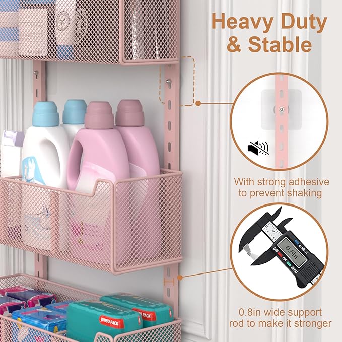 Over The Door Organizer, Metal Door Organizer Hanging with 5 Adjustable Baskets and Coat Hook, Behind The Door Storage for Bedroom Closet Bathroom Pantry Cabinet Kitchen, Pink