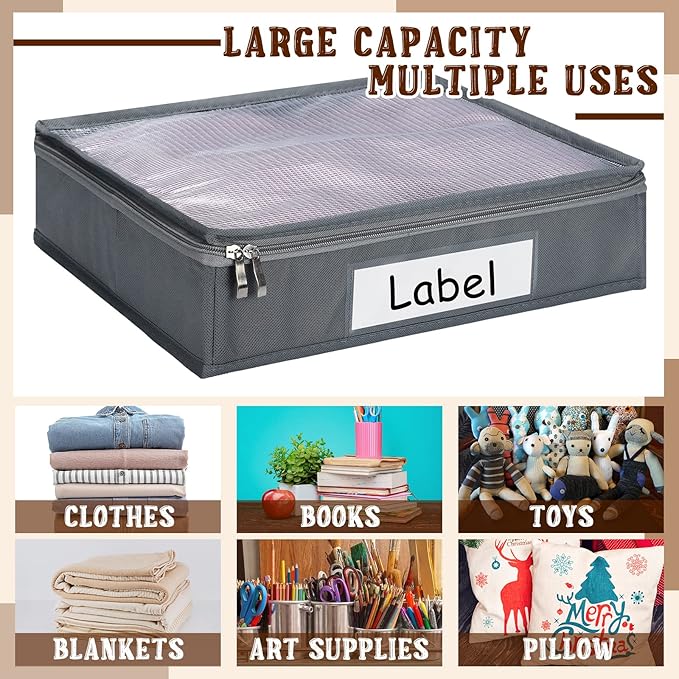 Panelee 6 Pcs 14 x 12 x 3 Inch Sweater Storage Bags Easy Gliding Zippered Sweater Package Organizer Closets Under The Bed Zippered Storage Bags with Label Pocket to Avoid Dust Dirt(Gray)