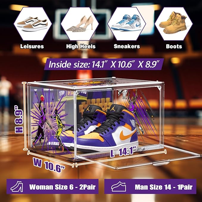 10 Pack Acrylic Shoe Box Size 14, Transparent Basketball Sneaker Case Shoe Orgainizer Storage Bins Clear Plastic Stackable Handbag Purse Hats Organizer Containers with Lids