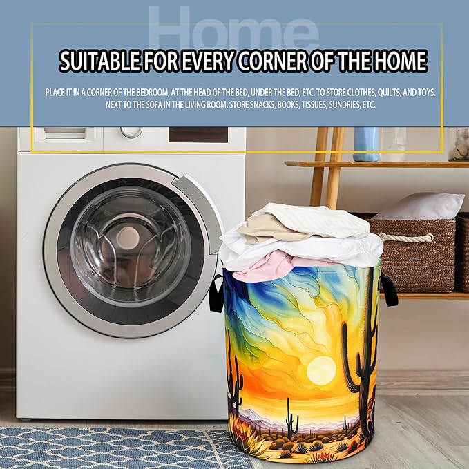 Desert Cactus Laundry Basket Sunset Foldable Oxford Cloth Funny Tote Bag Laundry Hamper Clothes Storage Bucket Toy Organizer For Bathroom/Laundry Storage/Bedroom 18.9x16.5 Inch
