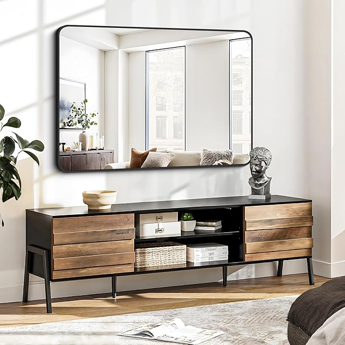 FORBATH Bathroom Mirror 30" X 40", Large Rectangular Wall Mirror, Black Metal Framed Rounded Corner Wall Mounted Mirror for Bathroom Bedroom Entryway Decor(Horizontal/Vertical)