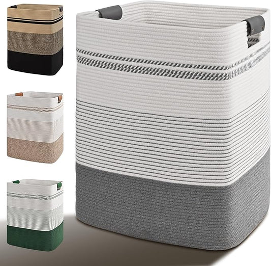 Laundry Hamper, 85L Tall Laundry Basket with Leather Handles, Rectangle Large Clothes Hamper for Organizing, Cotton Woven Laundry Baskets Storage Hampers for Bedroom, Nursery, Living Room