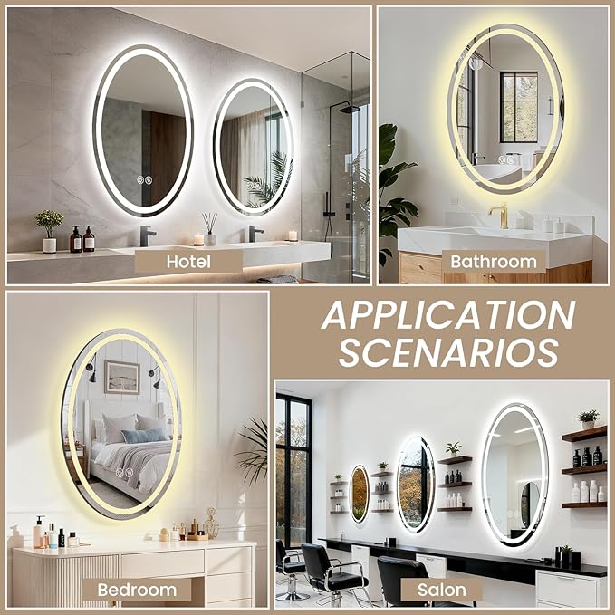 28''x20'' Oval LED Bathroom Mirror with Lights, Anti-Fog, 3 Colors Temperature & Dimmable, Lighted Mirrors for Bathroom Wall with Memory Function