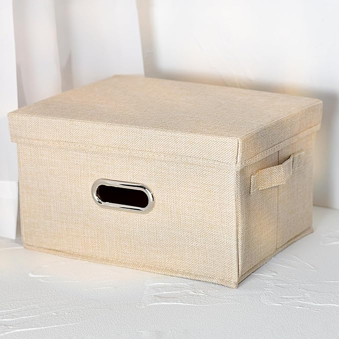 Collapsible Fabric Storage Box with Lid and Handles, Linen Storage Containers, Nursery Storage Basket for Gifts, Books, Magazines, CDs, Kids Toys, Clothes, Underwear, Makeup, 13" x 9.4" x 7", Beige
