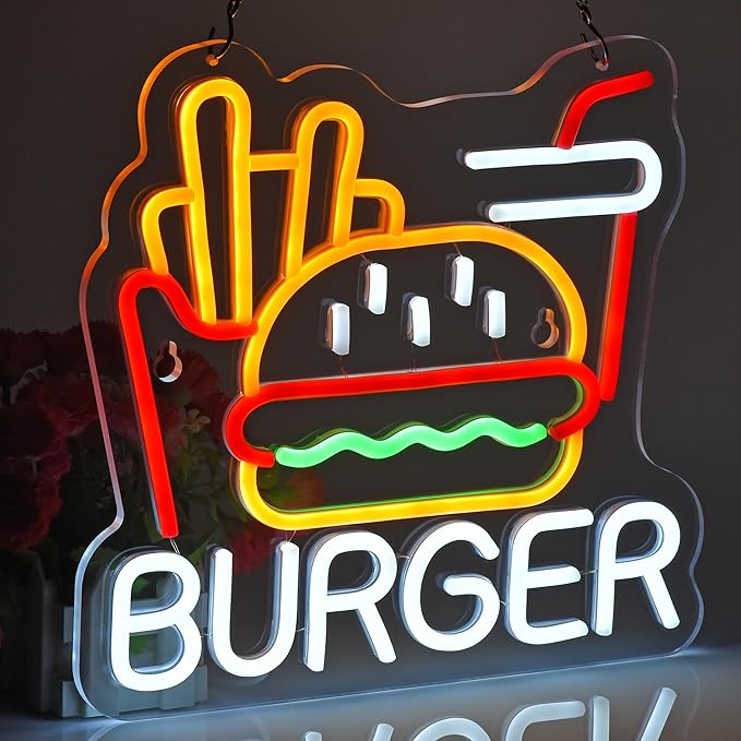 Burger Fries Neon Sign for Wall Decor Art Hamburger French Fries LED Neon Light 12.6" x 11.8" Fast Food Business Signs for Home Restaurant Bar Man Cave Decoration