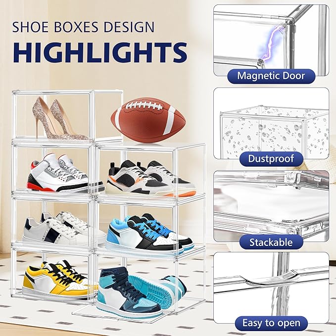 12 Pack Clear Shoe Boxes for Sneakers, Size 12 Acrylic Shoe Storage Under Bed Stackable Handbag Organizer with Magnetic Lid Collection Acrylic Display Case