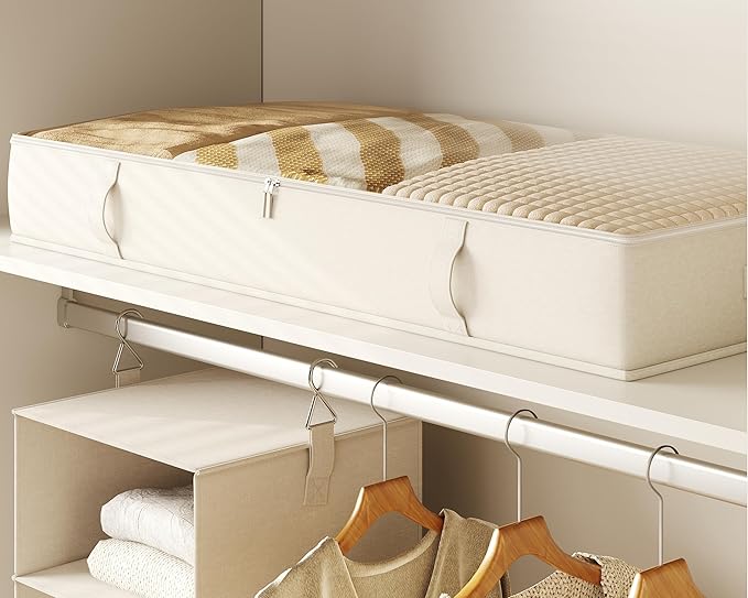 Vailando Side-Supported Under Bed Storage Containers, 6 Inches Tall 60L Underbed Storage Bins with Sturdy Handles and Sidewalls, Closet Organizer for Clothes, Blankets, Seasonal Items, Beige, 2-Pack