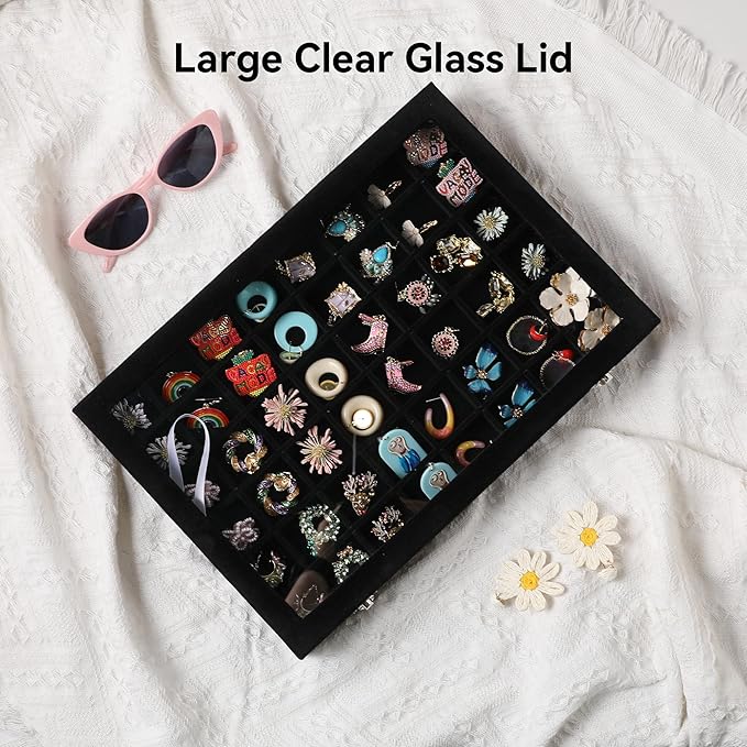 Frebeauty 48 Grid Jewelry Tray,Adjustable Earring Holder Organizer with Glass Lid,Velvet Drawer Jewelry Organizer for Rings,Studs,13.8 x 9.5 x 2 Inches Jewelry Display Box,Gift for Women(Black)