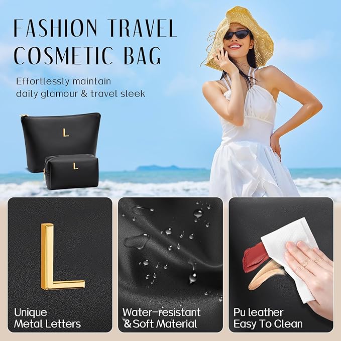 Valentine's Day Gifts for Women Girlfriend Initial Makeup Bag for Teen Girls Personalized Gifts for Friend Teacher Mom Wife Cosmetic Travel Toiletry Bag(Black,L)