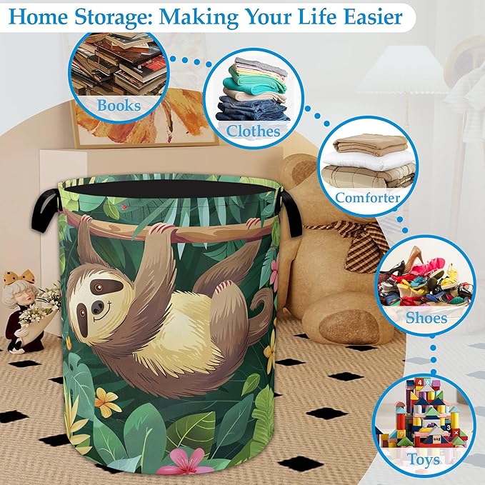 Palm Sloth Laundry Basket Collapsible Laundry Hamper Oxford Storage Bin for Clothes Storage, Toy Organizer, Books and Sundries 16" X 20.8"