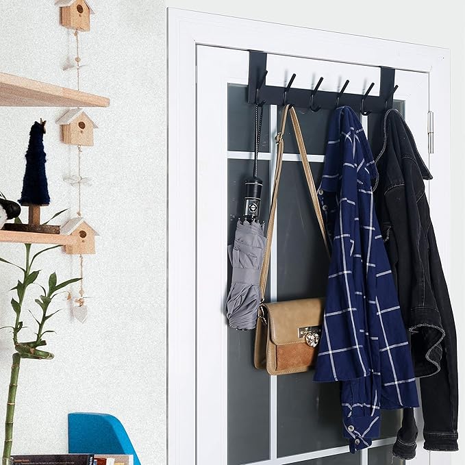 WEBI Over The Door Hook Door Hanger:Over The Door Towel Rack with 6 Coat Hooks for Hanging,Towel Hanger Door Coat Hanger Over Door Coat Rack for Towels,Clothes,Back of Bathroom,Black,2 Packs